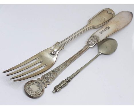 A Victorian hallmarked silver fork wt. 1 1/2oz and two items of silver plate. 