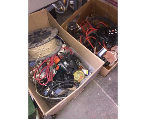 Two boxes of misc including inspection lamp, mini compressor, jump leads etc 