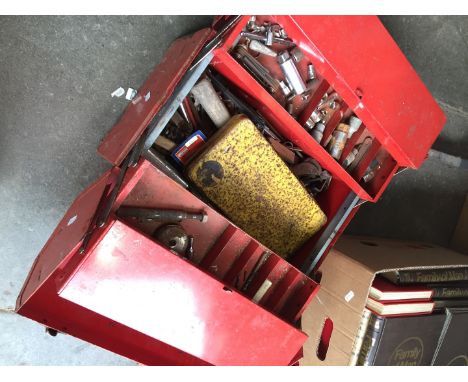 A metal tool box with tools and a box of misc, garage items 