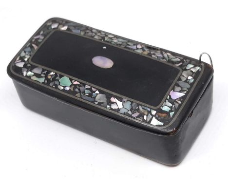 A 19th century abalone inlaid papier mache snuff box, length 6cm. 