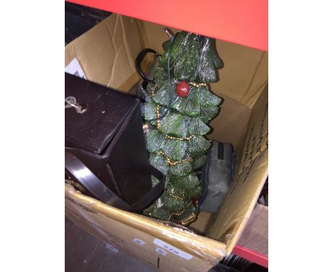 A box of misc items to include Xmas light up tree, pair of binoculars, a camera, lamp, etc 