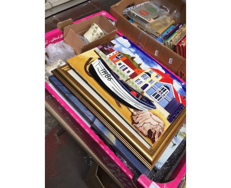 Box of novelty items incl artificial candkles, tile picture etc. 