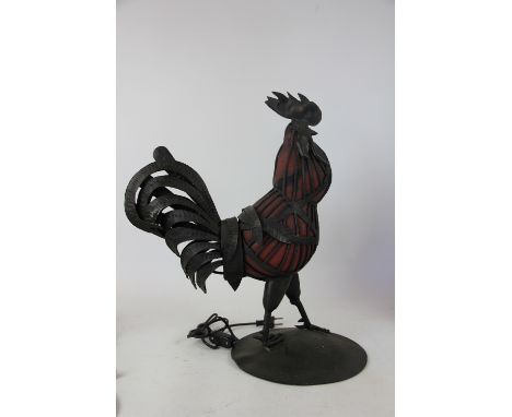 An Art Deco style French wrought iron and blown glass table lamp in the form of a Rooster, life size, 50cm