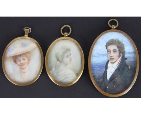 Three portrait miniatures, to include; 
late 19th century, watercolour on ivory, lady wearing a lace trimmed hat, 5cm x 4.3cm