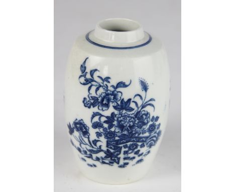 A first period Worcester blue and white tea caddy, decorated with the fence pattern, lacking cover, 11.5cm
