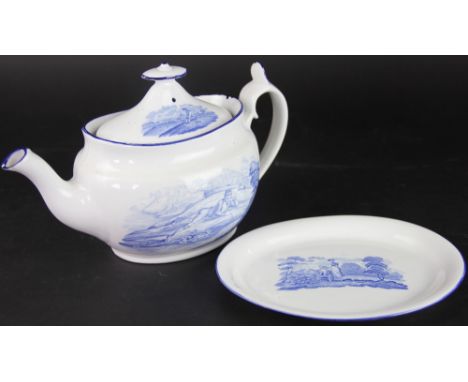 A Spode oval teapot, cover and stand circa 1810, printed in blue throughout with rural views, including; a boy fishing, a mot