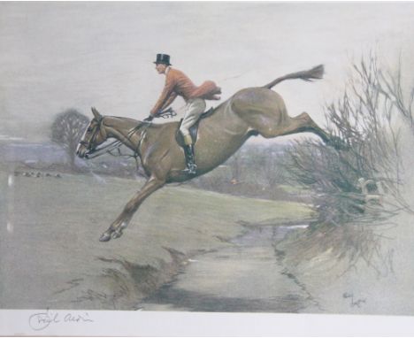 Cecil Aldin,
colour print,
Hunt Master jumping a brook,
signed in pencil,
26cm x 33cm 