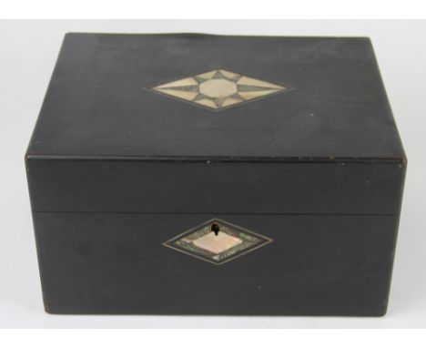 A 19th century ebonised work box, with mother of pearl and abalone shell inlay, 17cm x 30cm x 22cm