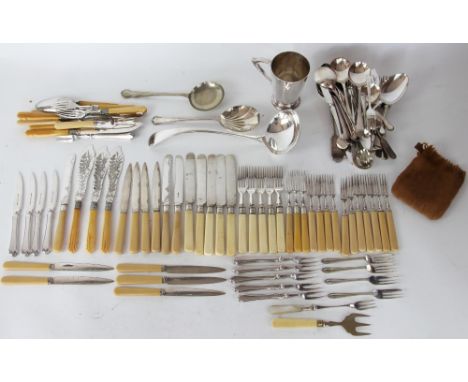 A silver plated Old English Pattern soup ladle; a set of six pairs of plated lobster knives and forks and various other plate