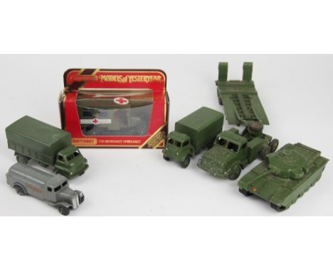 A Dinky 660 Tank Transporter and tank; a 623 Army Wagon; a 621 3 ton army wagon; a 100OCT R.A.F petrol tanker and a models of
