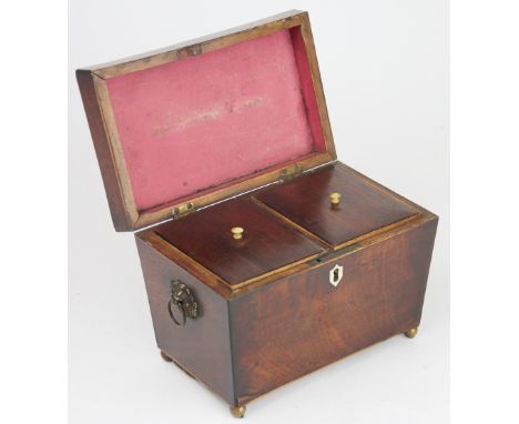 A Regency sarcophagus shaped mahogany tea caddy, two division, on brass ball toes, 20.5cm long 