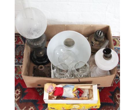 A Pelham Pupet - Goldilocks, in original box; a glass lamp and two metal lamps and four shades (qty)