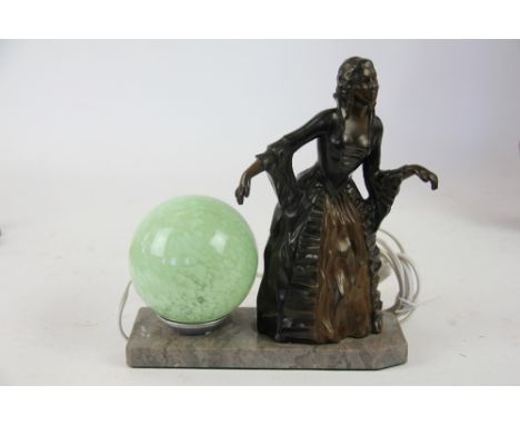 An Art Deco style spelter table lamp, with green mottle glass shade, 23cm