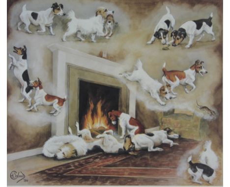 Louise Wood,
limited edition print,
Dreaming terriers beside a fire, No 187/500,
39cm x 43cm 
with two other prints by the sa