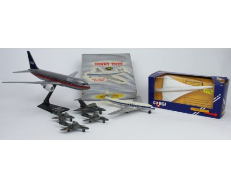 A Dinky toy 702 D.H Comet Airliner in original box; a 735 Gloster Javelin; 736 Hawker Hunter (x2); a 734 Supermarine Swift; a