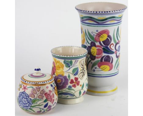 A collection of Poole Pottery wares, to include; a vase marked E/YC 21.5cm high, a smaller vase shape 114, painted by 'BL', 1