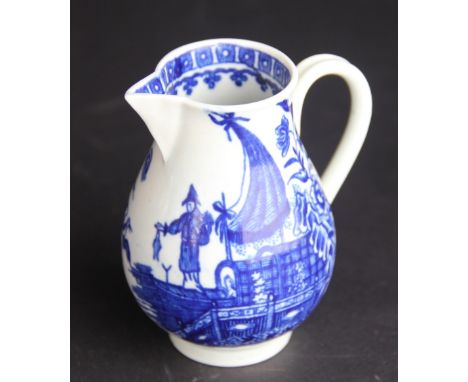 An 18th century Worcester Fisherman and Cormorant pattern sparrow beak jug, moulded handle and workmans mark to base, 8cm