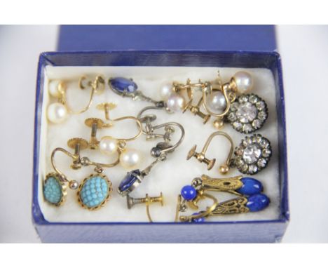 Two pairs of 9ct gold drop pearl earrings, with screw fittings; with a pair of  turquoise set drops, paste set examples and f