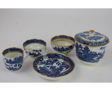 A Caughley sucrier and cover, circa 1785, of reeded shape, transfer-printed in underglaze blue with the Pagoda pattern and gi