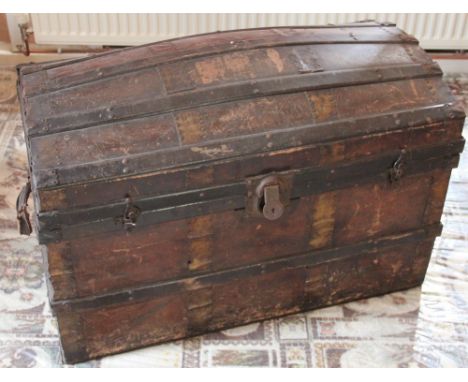 A late 19th century brass, wood and leather mounted dome top trunk, 60cm x 92cm x 51cm