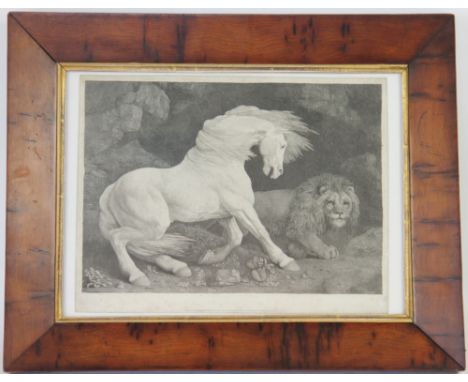 After George Stubbs,
engraving,
horse frightened by a lion,
dated 1st May 1788, No 24, Somerset Str,
satin birch frame, 25cm 