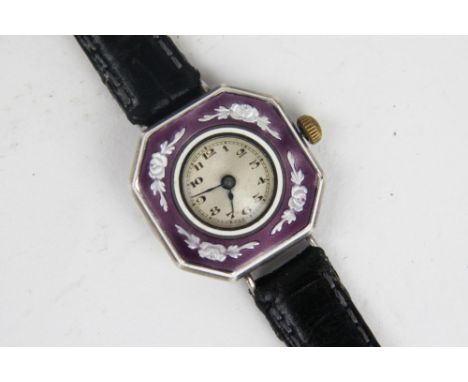 An early 20th century Continental silver and enamel Lady's wrist watch, Arabic dial with floral amethyst enamel surround, imp