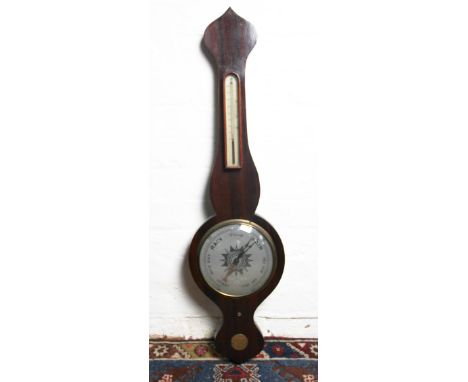 A mahogany wheel barometer, with later engraved brass presentation plate to Joseph Pennington below, 95cm