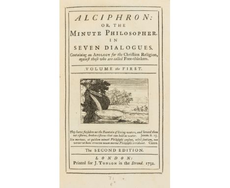 [Berkeley (George)] Alciphron: or, the Minute Philosopher. In Seven Dialogues, 2 vol., second edition, titles with engraved v