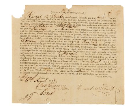 America.- Port of New York.- Master's Oath, on entering vessel, for the schooner Amphitrite from Trinidad, printed document w