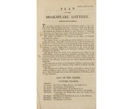 NO RESERVE Shakespeare.- Boydell (John, publisher).- Plan of the Shakespeare lottery, bifolium, light water-staining to lower
