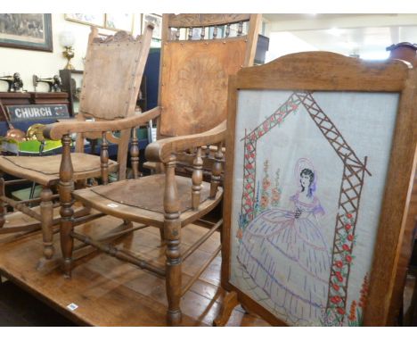 19th Century beech armchair, rocking chair &amp; an oak framed embroidery fire screen (3)
