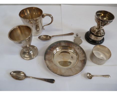 Silver golfing trophy, egg cup, tankard, napkin ring etc