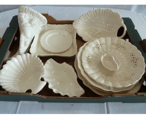 Leeds ware classical creamware etc, plates, conch shell dishes, cherub wall pocket, etc. (11)