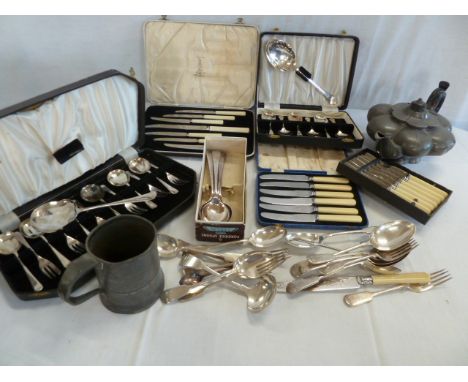 Cased cutlery, pewter teapot &amp; tankard etc