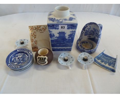 Willow pattern ringtons tea caddy, Yorkshire relish coasters, Macintyre magdalen match strike pot, Foley candle holders etc