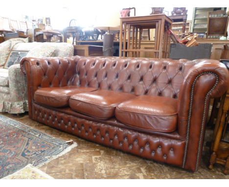 Red leather buttoned and studded Chesterfield 3 seater sofa 