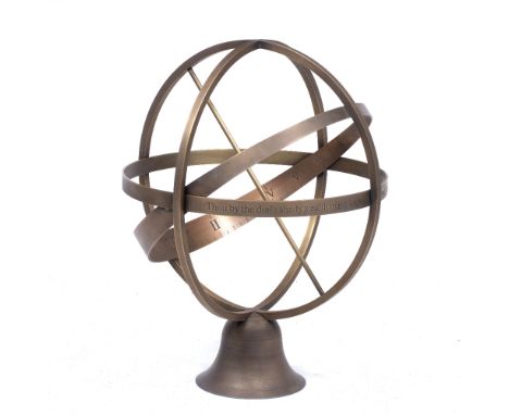 A PATINATED BRASS 'CELESTE' EQUATORIAL SUNDIAL by David Harber, on a bell shaped stand, 44.5cm diameter x 56.5cm high 