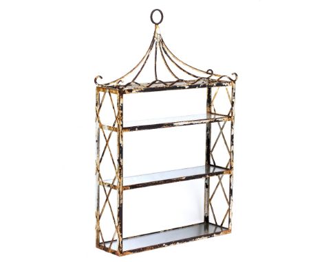 A PAINTED METAL THREE TIER HANGING SHELF with lattice sides and mirrored shelves, 46cm wide x 12.5cm deep x 74cm high 