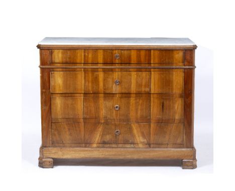 A 19TH CENTURY BIEDERMEIER STYLE CHESTNUT COMMODE  with inset marble top and four long drawers, standing on block feet, 118cm