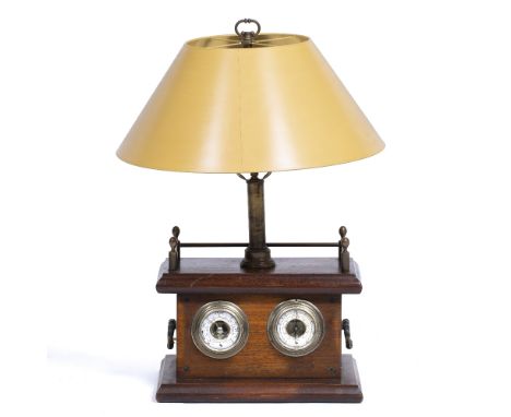 A MAHOGANY THERMOMETER AND BAROMETER DESK LAMP  38cm wide x 26cm deep x 68cm high 