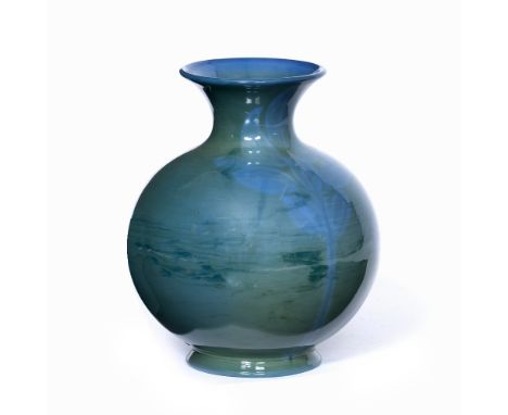 A ROYAL WORCESTER SABRINA BLUE AND GREEN GLAZE VASE of globular form and flaring rim, with faded leaf decoration to the exter