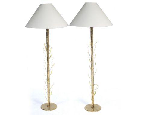 A PAIR OF GILT METAL LAMP STANDARDS  with bamboo cluster central columns radiating leaves, 61cm high overall (2)