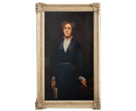 LAWRENCE DELLER (20TH CENTURY) Three quarter length portrait of a lady wearing a frilled blouse and dark dress holding a lett