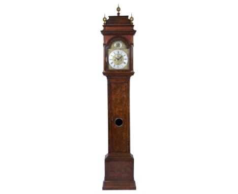 A GEORGE III WALNUT LONGCASE CLOCK by John May of London, with stepped hood surmounted by gilt finials above pierced fretwork