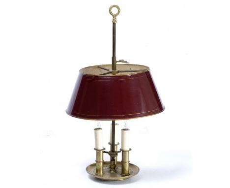 A FRENCH BOUILLOTTE BRASS TABLE LAMP with red painted tin shade and three lights on the dished base, 34.5cm diameter x 62cm h