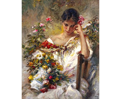 JOSÉ ROYO (b.1945) Girl seated with a vase of flowers, serigraph, signed and numbered 58/160, 91cm x 71.5cmPlease note that t