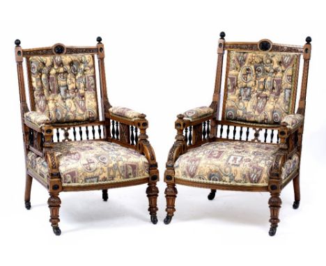 A VICTORIAN WALNUT AND EBONY INLAID DAY BED with overstuffed button upholstery, scrolling end and inset with flowerheads, sta