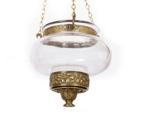 A HANGING CANDLE LAMP possibly Regency, the glass bowl with gilt metal mounted decorated with shells, 17cm diameter x 17cm hi