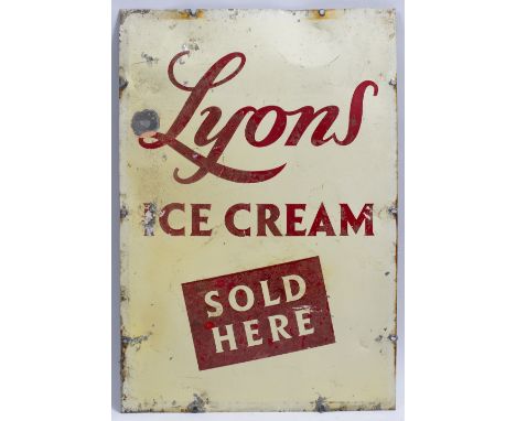 A 20TH CENTURY 'LYONS ICE CREAM SOLD HERE' TIN SIGN 55cm x 82cm together with a pair of 'Vantas Sparkling Drinks' enamel sign