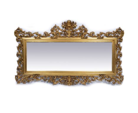 A LARGE 18TH CENTURY FRENCH STYLE GILT OVERMANTEL MIRROR  the frame decorated with acanthus leaf scrolls around the rectangul
